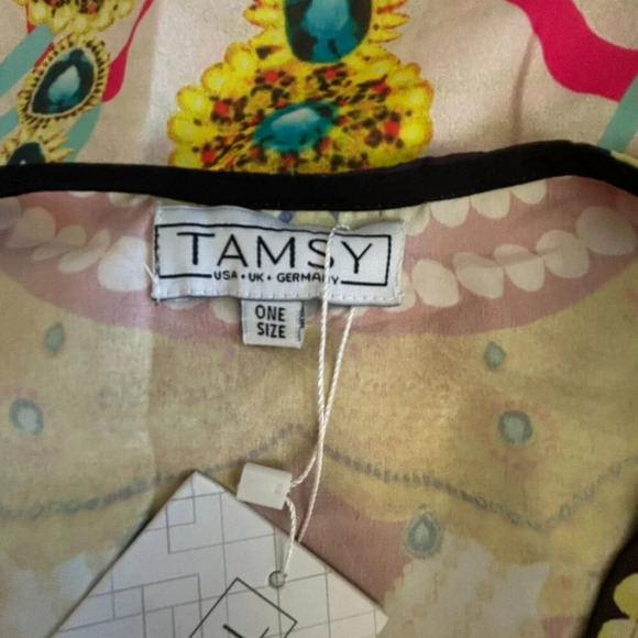 Tamsy Colorful Graphic Print Caftan Beach Cover up Drawstring Front  One Size - Picture 3 of 9